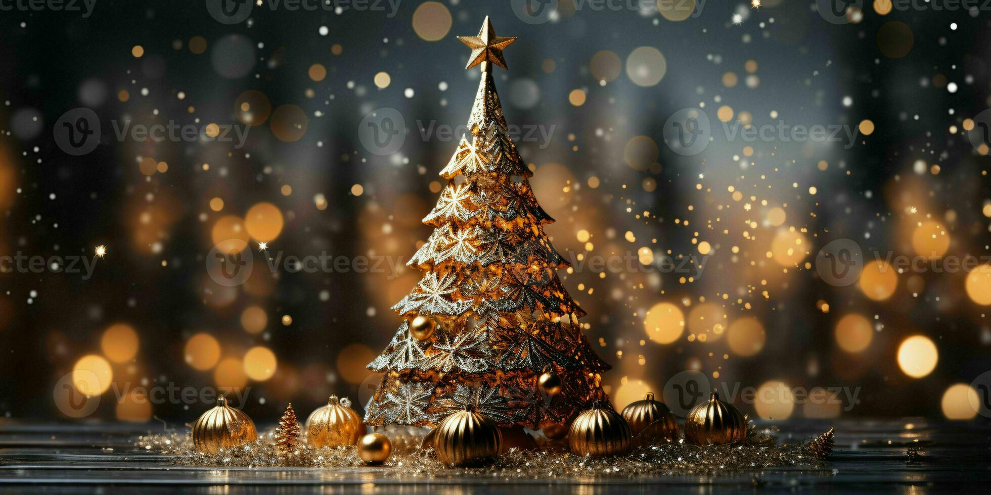 Golden Christmas Tree with Sparkling Lights. Generative AI photo