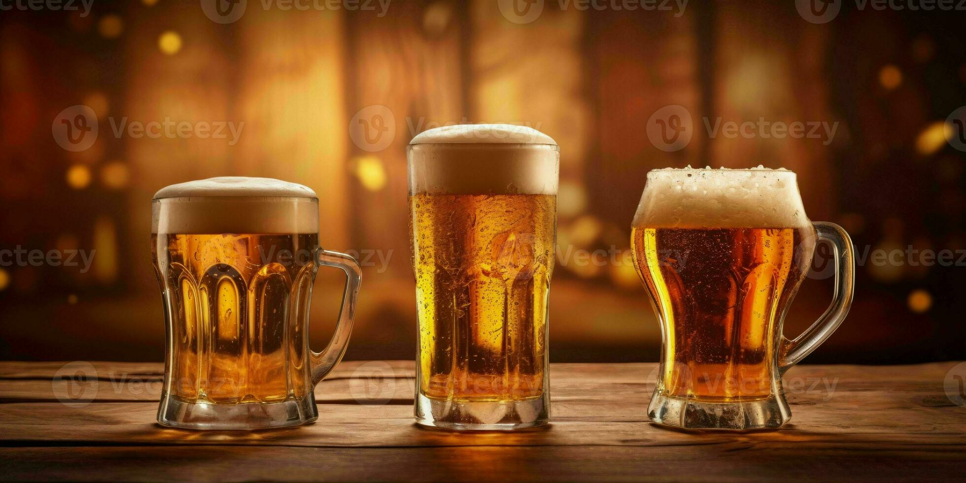 Fresh Beer in Various Glass Cups on a Wooden Table. Generative AI photo