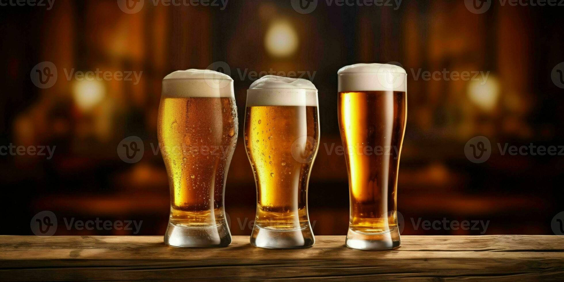 Fresh Beer in Various Glass Cups on a Wooden Table. Generative AI photo