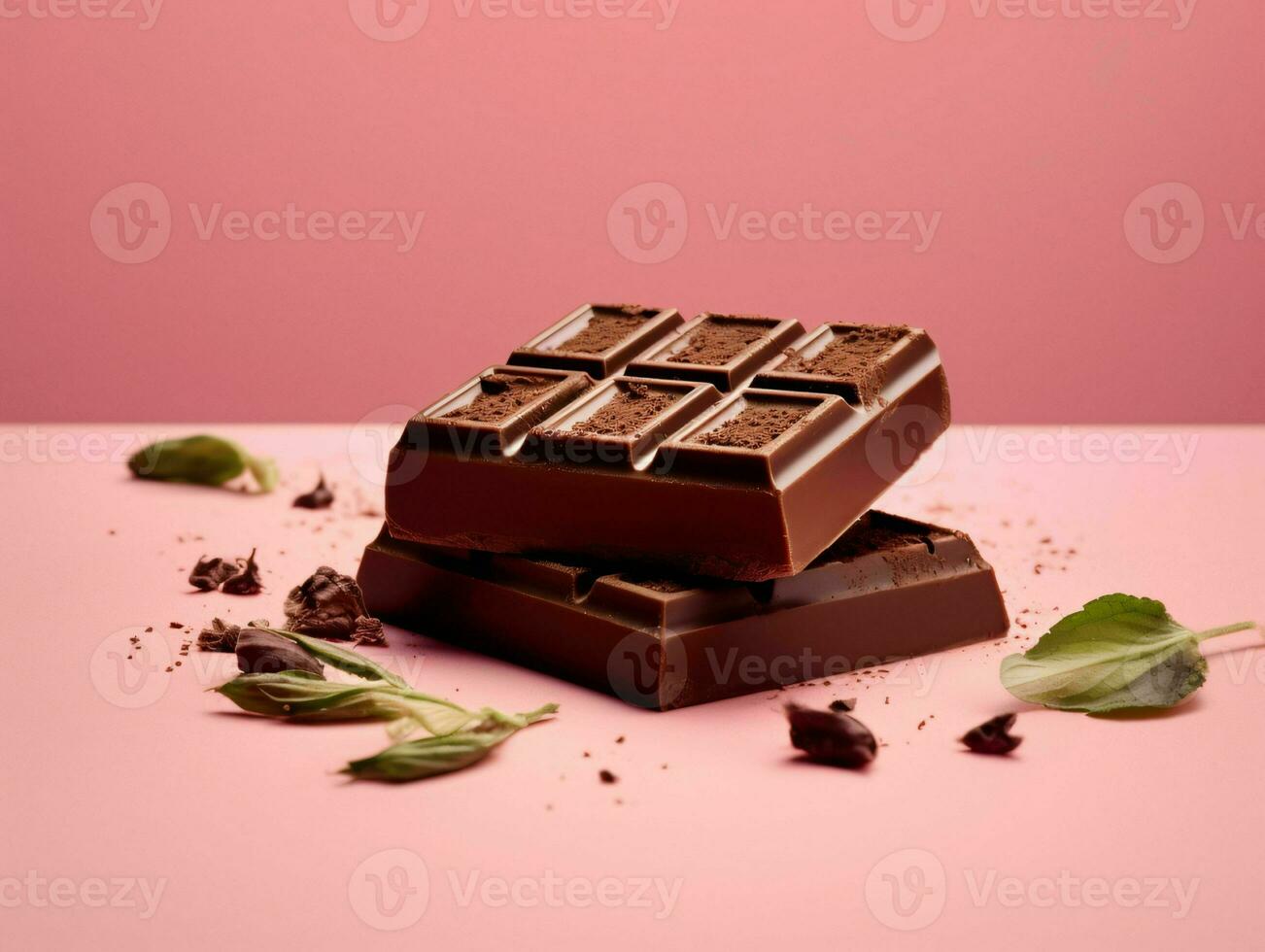 Pieces of Chocolate Isolated on Pink Background. Delicious Chocolate Bar. Generative AI photo