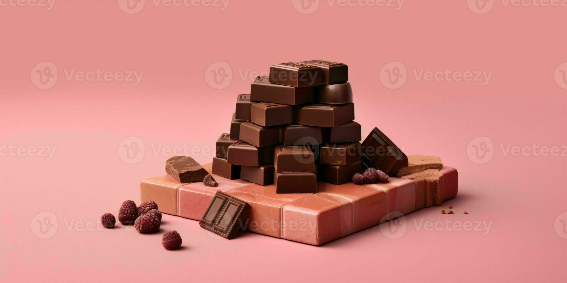 Pieces of Chocolate Isolated on Pink Background. Delicious Chocolate Bar. Generative AI photo