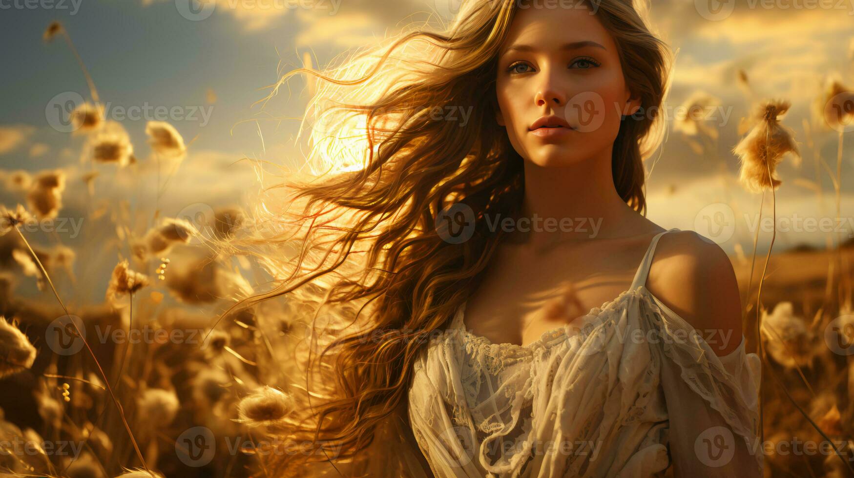 Beautiful woman runs through a field with wheat on a sunny day in summer photo