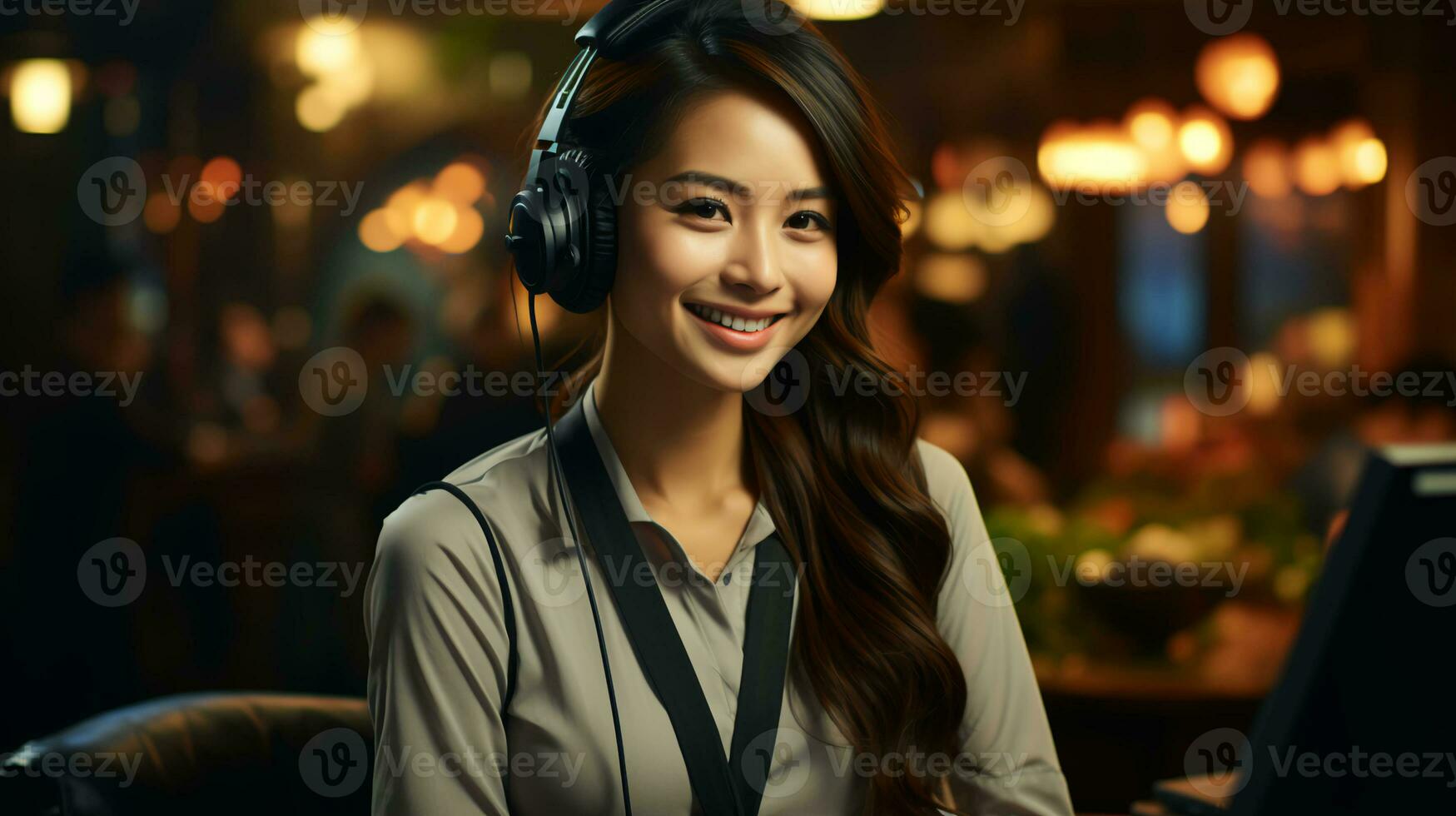 Beautiful woman in headphones with microphone in call center in office photo