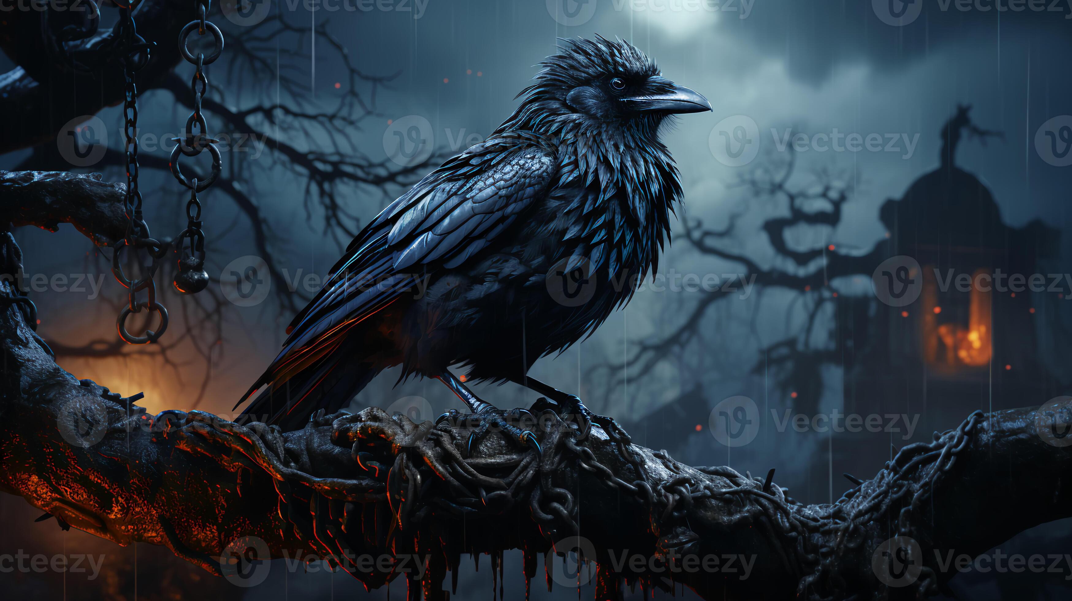 Creepy black raven sitting on a branch at night for Halloween 29934817