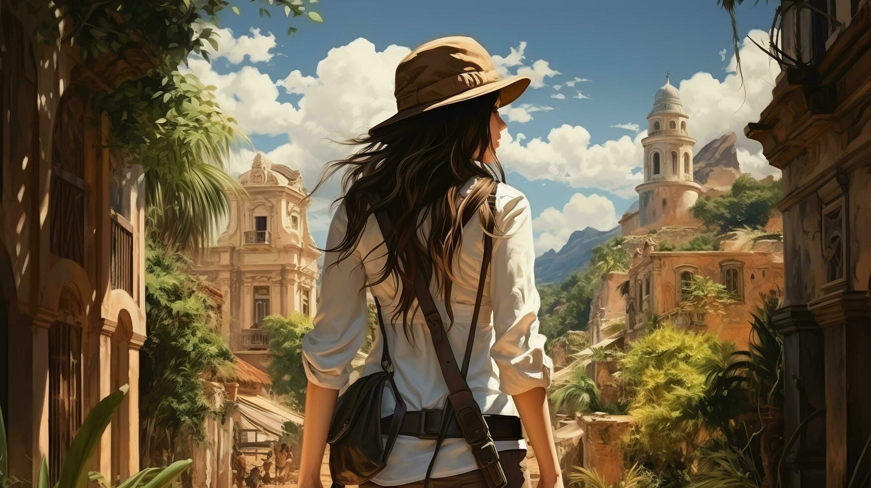 Beautiful woman stands in front of a tourist city in summer on a sunny day, view from the back photo