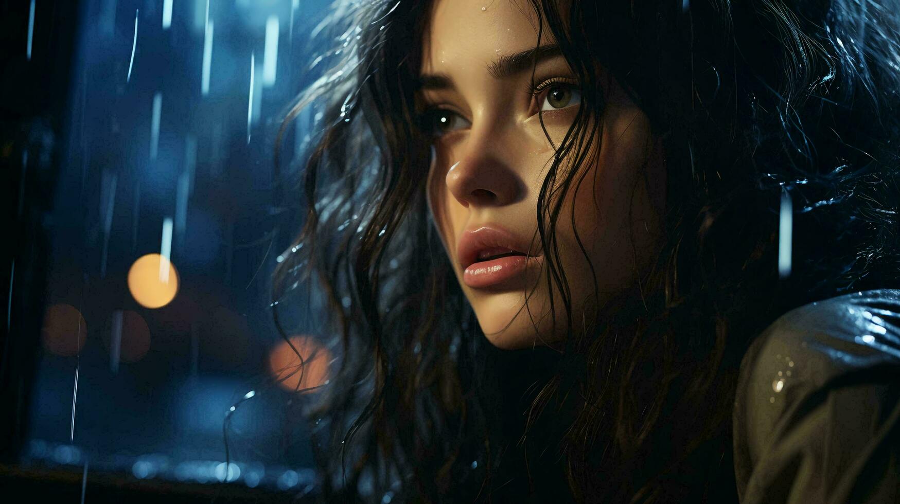 A beautiful pensive woman looks out the window at night during the rain and drops flow down the glass. Face of a sad girl close-up photo