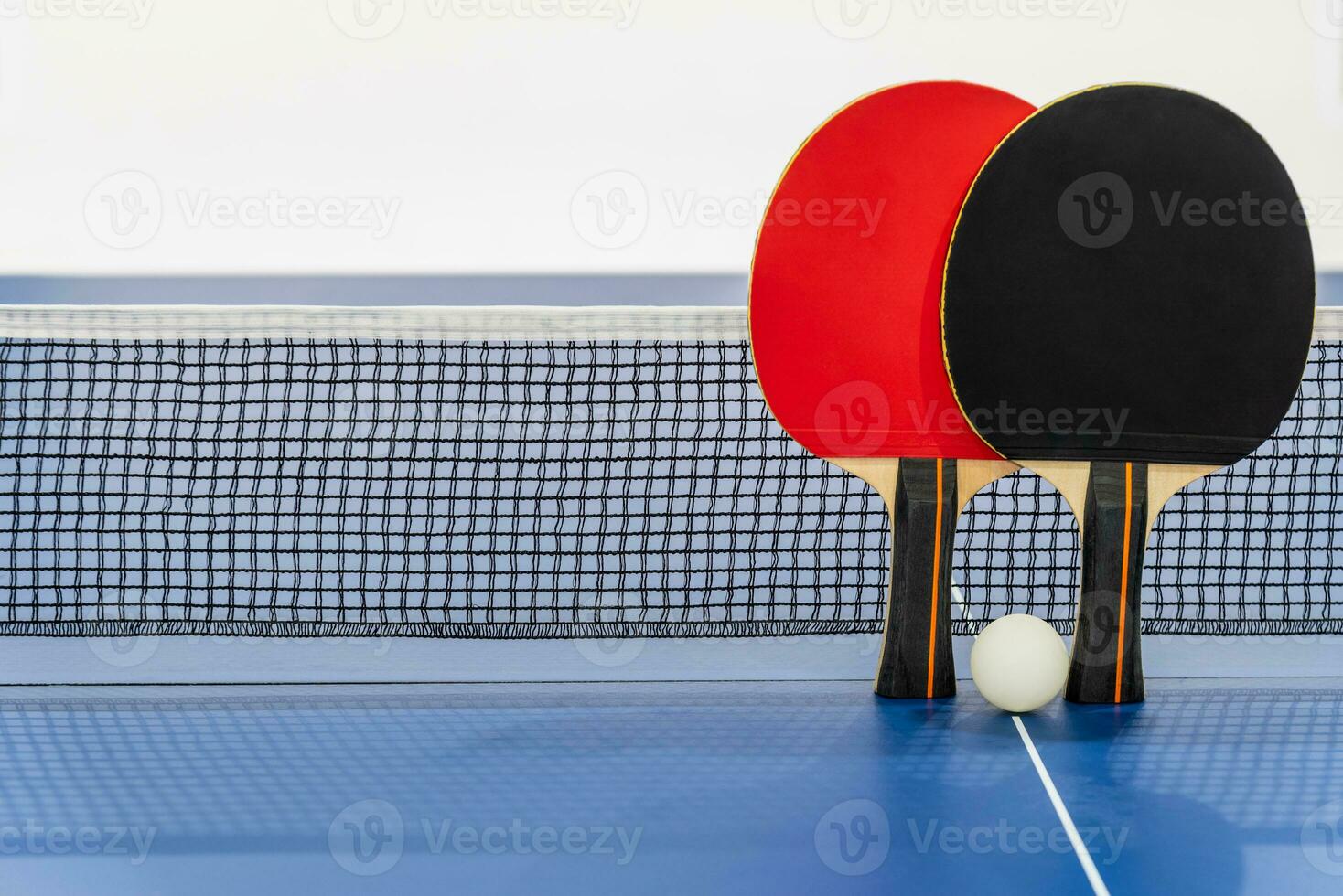 Black and red table tennis paddle with a net photo