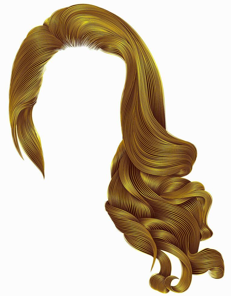 woman trendy long curly hairs wig bright yellow colors .retro style . beauty fashion . realistic 3d . vector