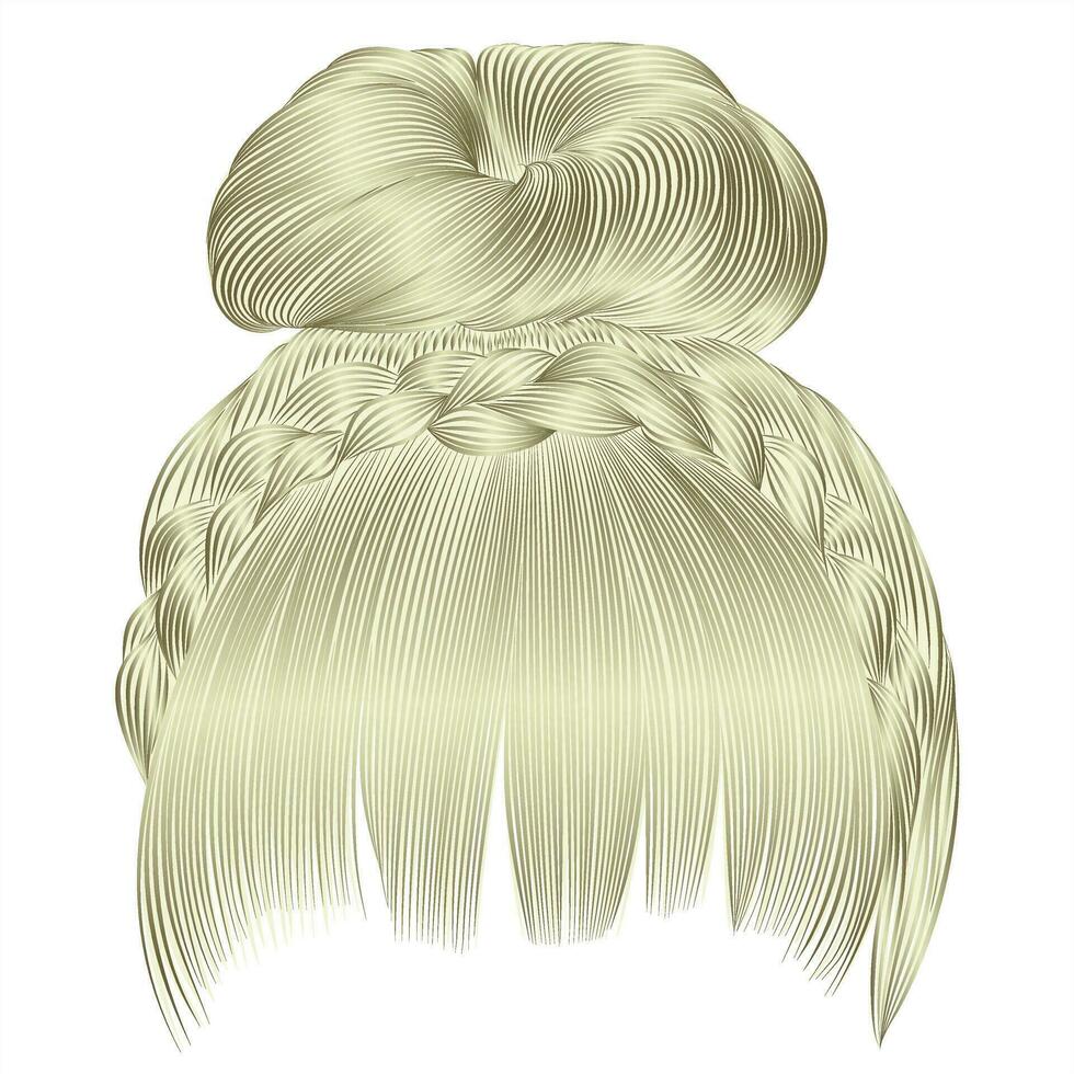 bun with plait and fringe. hairs blond light colors . women fashion beauty style . vector