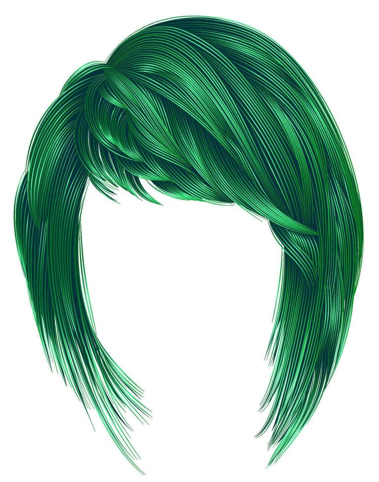 trendy  woman  hairs green colors. kare with bangs. medium length .fashion beauty style . vector