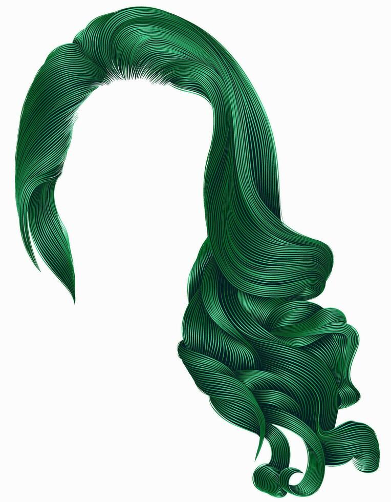 woman trendy long curly hairs wig green colors .retro style . beauty fashion . realistic 3d . vector