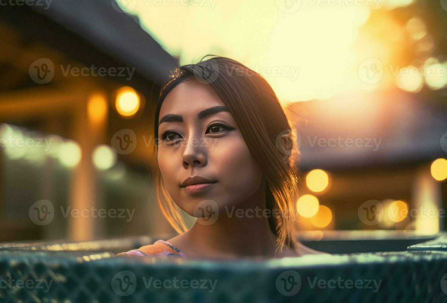 Young japanese girl pool at sunset. Generate Ai photo