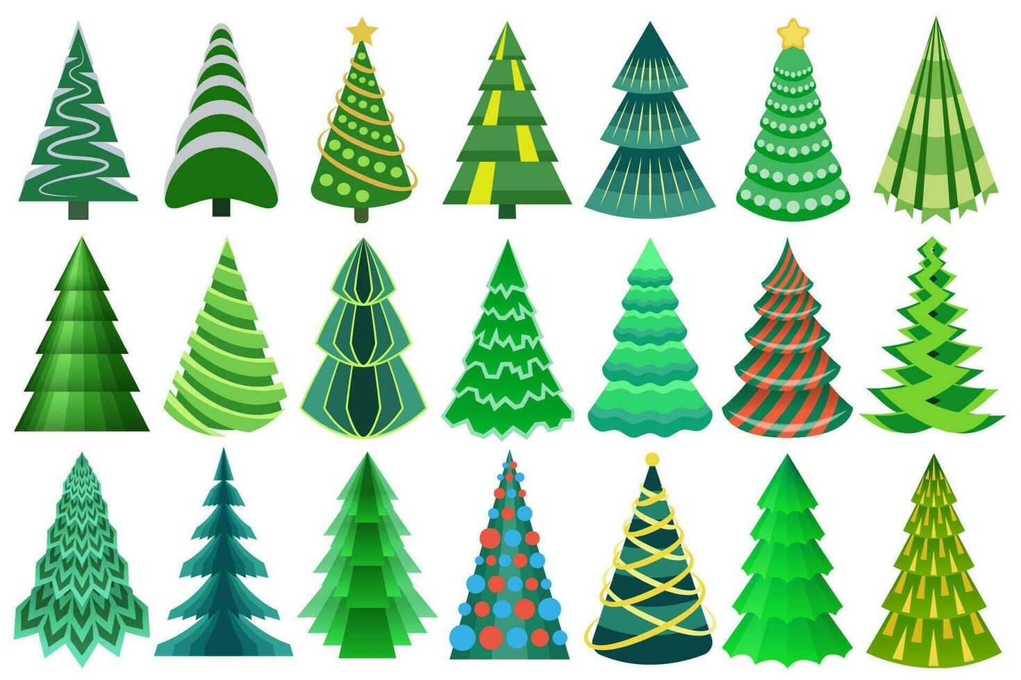 Stylized, decorative Christmas tree set. Awesome abstract, flat Christmas trees collection for your designs. vector