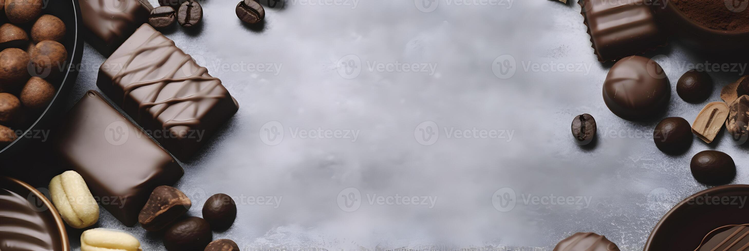 Various chocolates food. Background with copy space. photo