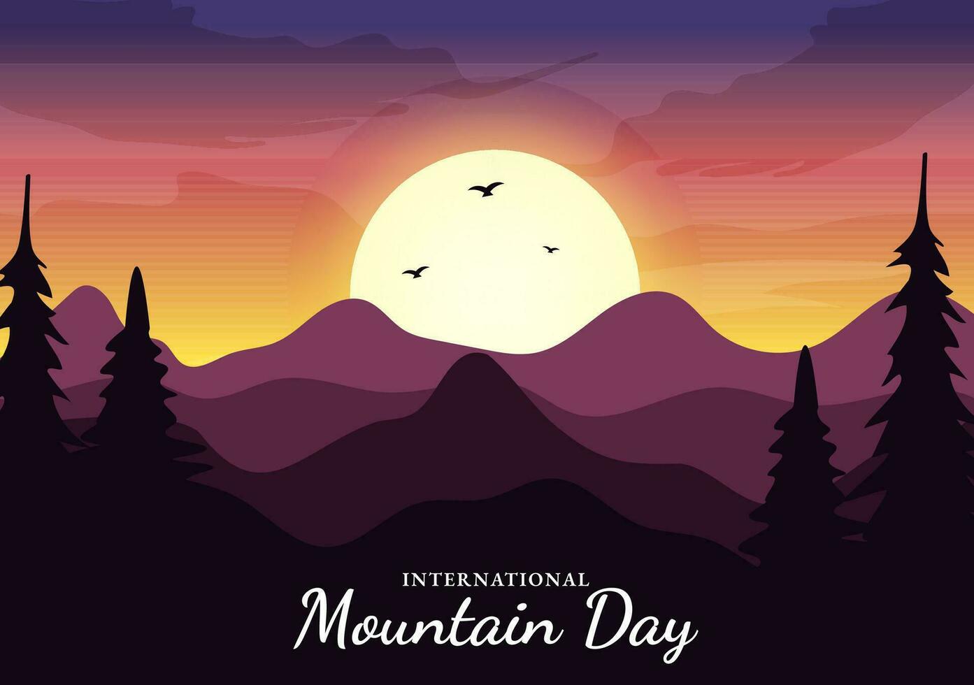 internacional montaña día vector ilustración en diciembre 11 con montañas panorama, verde Valle y arboles en plano dibujos animados antecedentes diseño