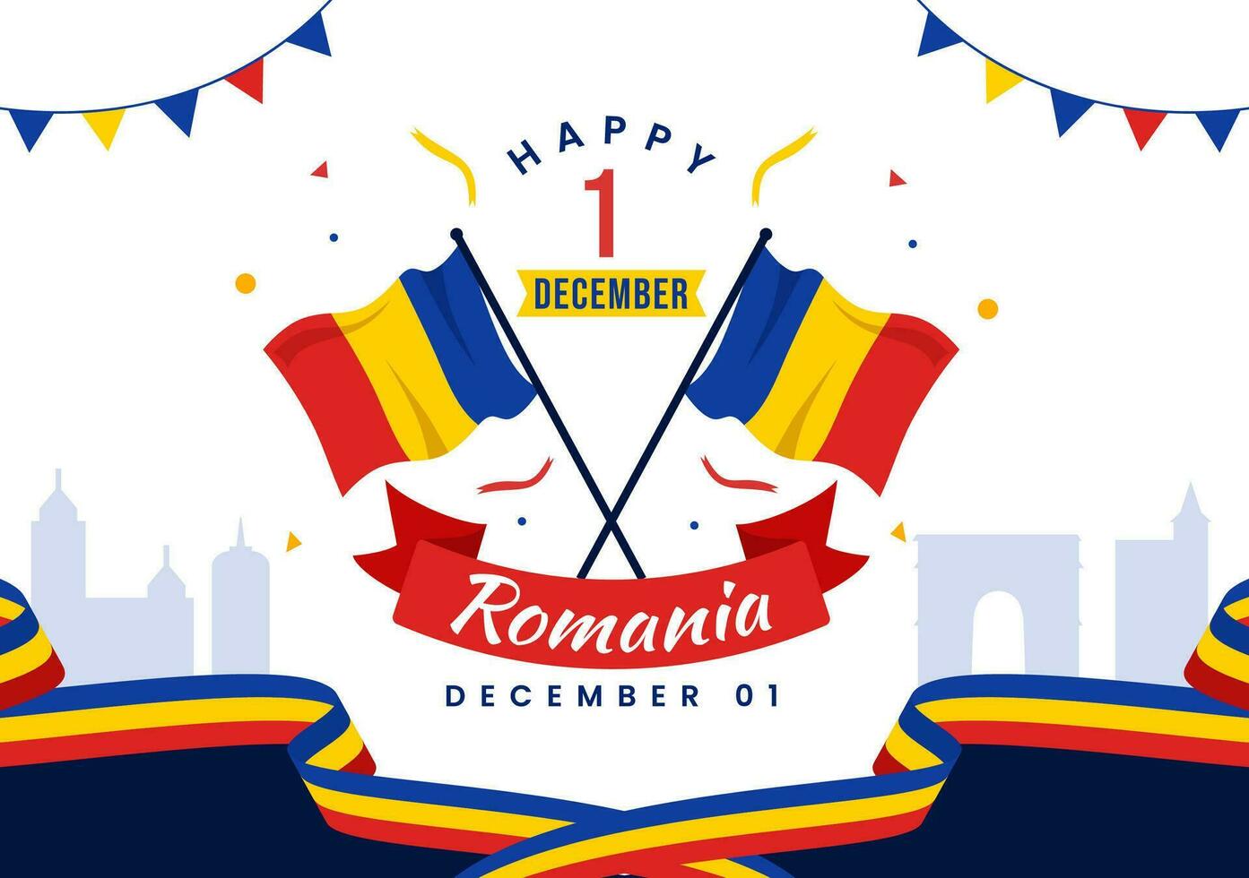 Rumania nacional día vector ilustración en Primero diciembre con ondulación bandera antecedentes en rumano genial Unión monumento fiesta plano dibujos animados diseño