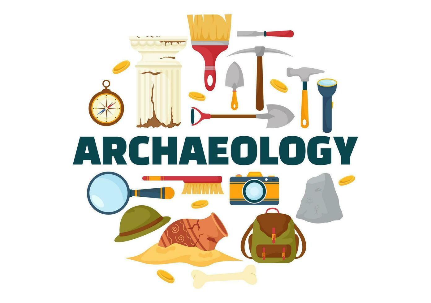 arqueología vector ilustración con arqueológico excavación de antiguo restos, artefactos y dinosaurios fósil en plano dibujos animados mano dibujado plantillas