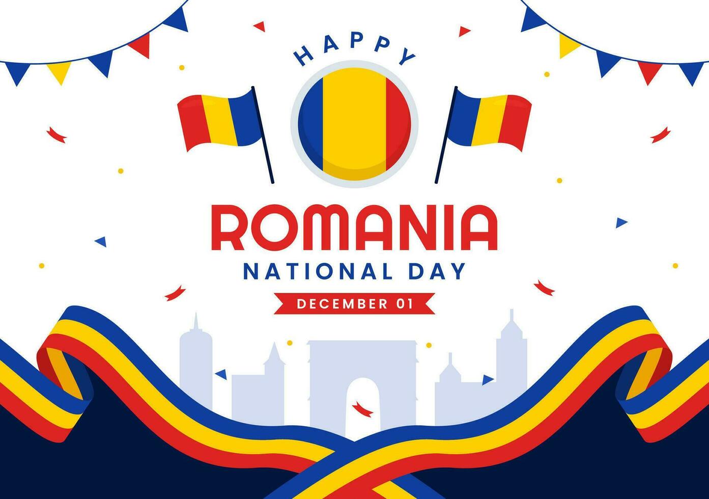 Rumania nacional día vector ilustración en Primero diciembre con ondulación bandera antecedentes en rumano genial Unión monumento fiesta plano dibujos animados diseño