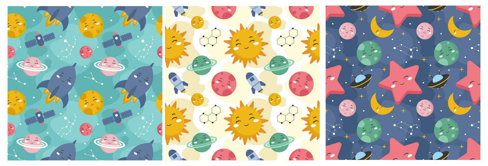 Set of Smile Seamless Pattern Design Illustration with Smiling Character and Happiness Face in Template Hand Drawn Flat Cartoon vector