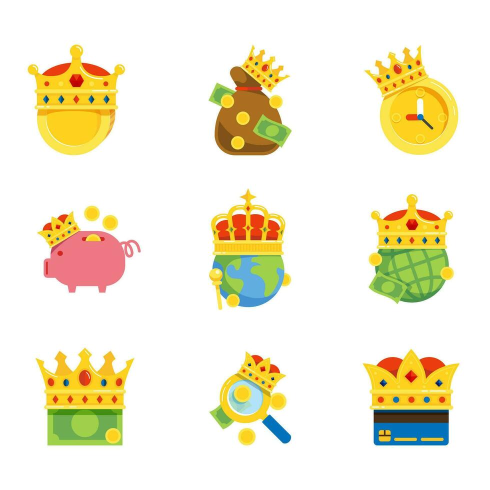golden coin business king crown concept. Icons Set vector illustration.