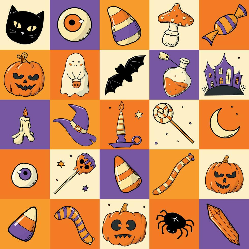 Halloween seamless checkered pattern with doodles for wrapping paper, scrapbooking, wallpaper, packaging, textile prints, etc. EPS 10 vector