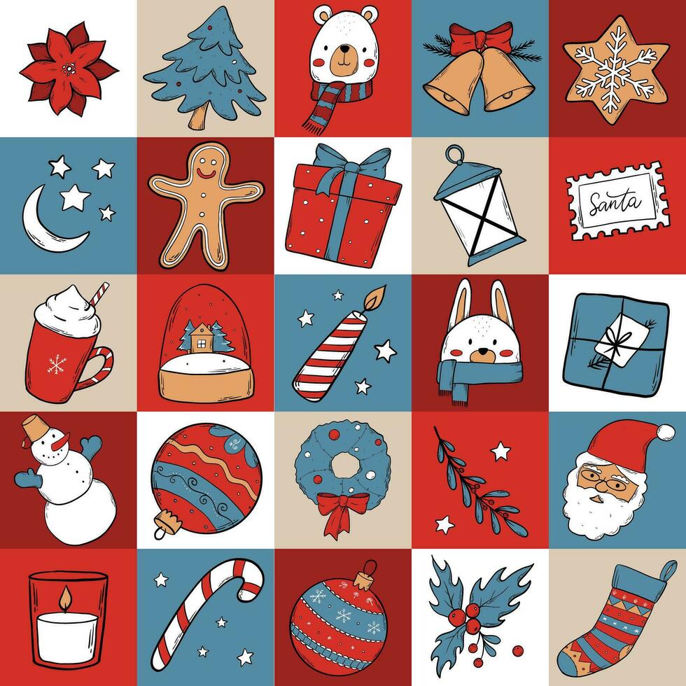 Christmas checked seamless pattern with doodles for wallpaper, scrapbooking, stationary, wrapping paper, textile prints, packaging, gift wrap, etc. EPS 10 vector