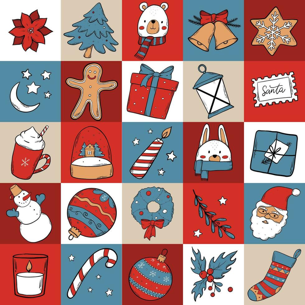 Navidad comprobado sin costura modelo con garabatos para fondo de pantalla, álbum de recortes, estacionario, envase papel, textil huellas dactilares, embalaje, regalo envoltura, etc. eps 10 vector