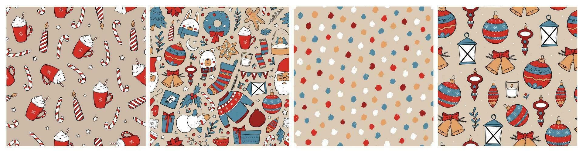 set of 4 seamless Christmas patterns decorated with doodles for wallpaper, prints, wrapping paper, scrapbooking, stationary, textile, gift wrap, packaging, etc. EPS 10 vector