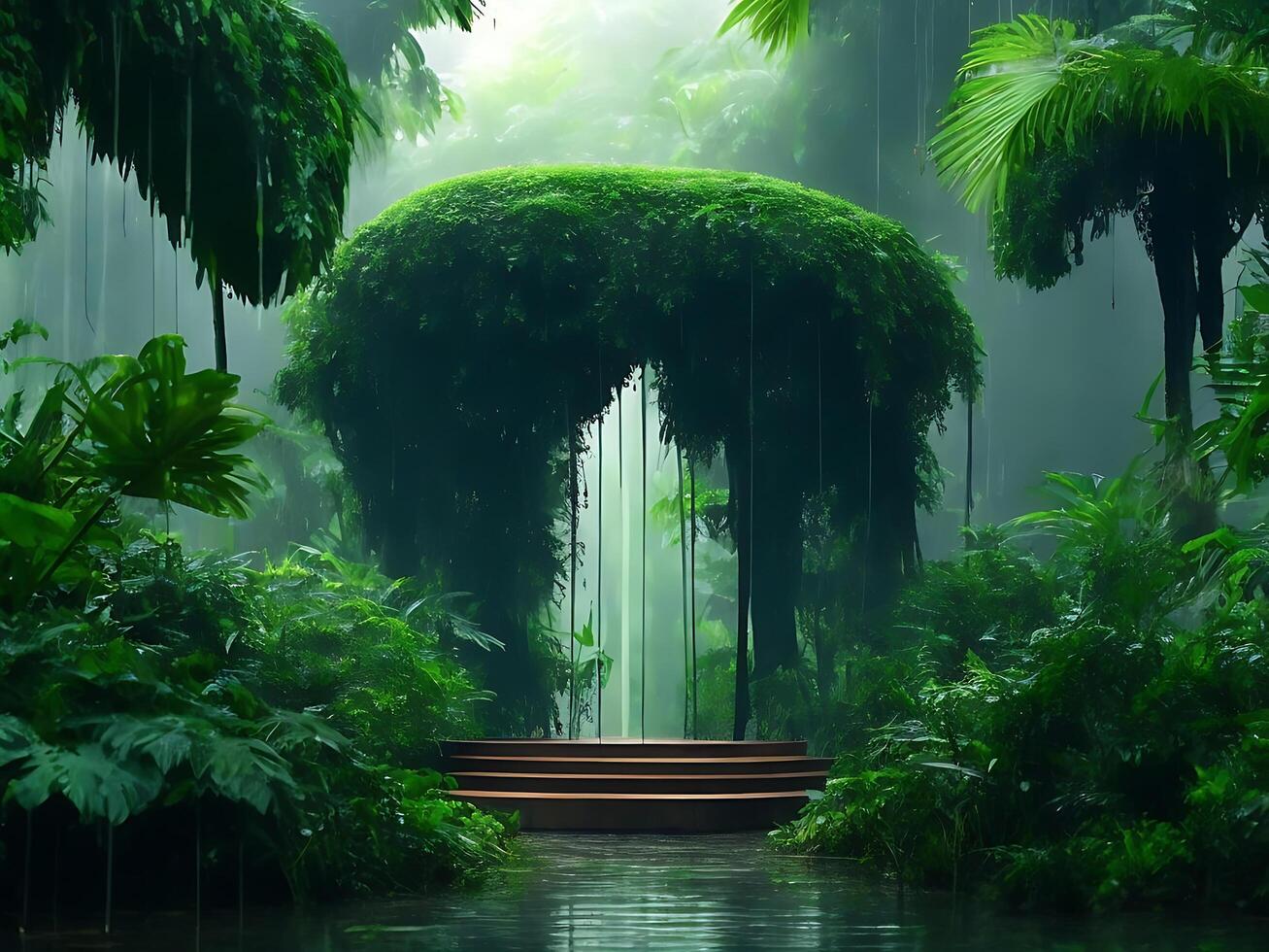 Monsoon rain forest with podium background photo