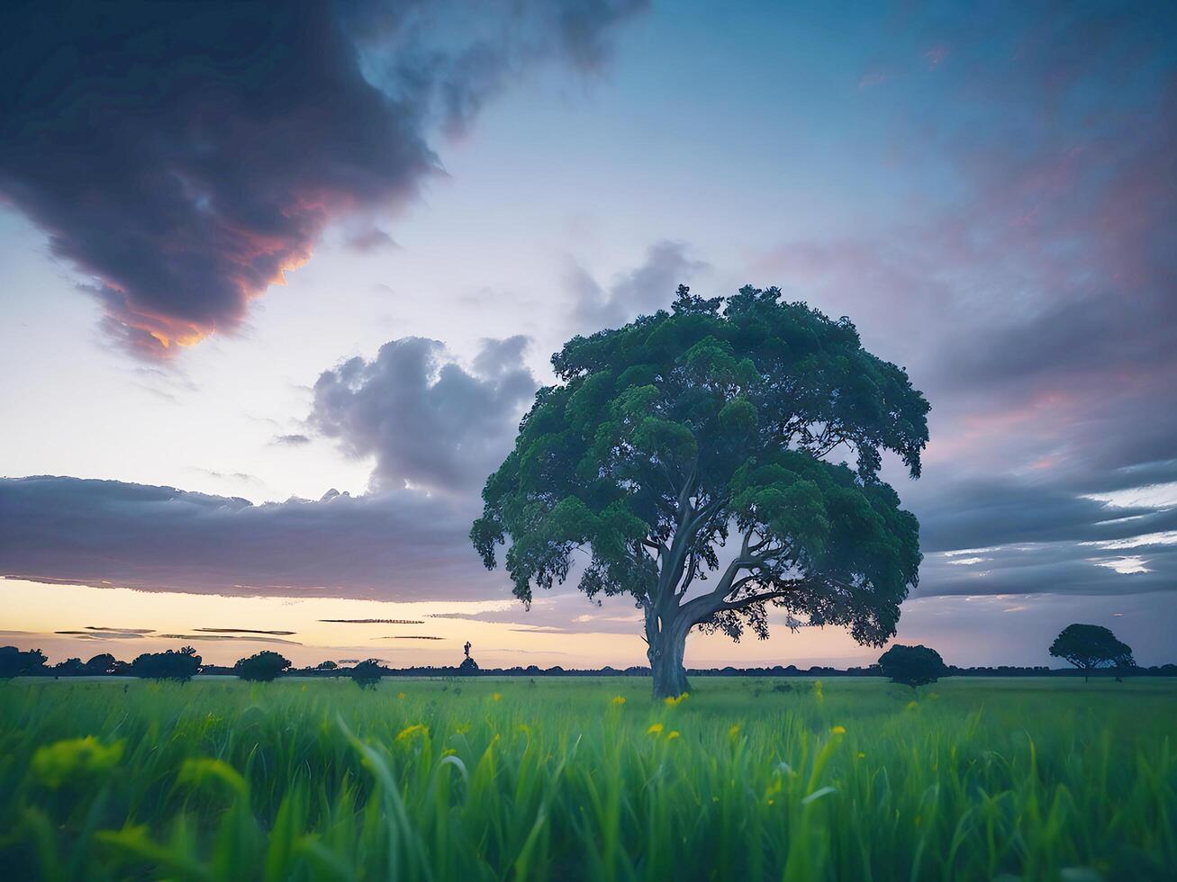 Free photo wide angle shot of a single tree growing under a clouded sky during a sunset surrounded by grass