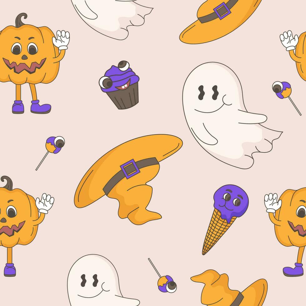 Seamless Halloween pattern. Cute retro characters. Pumpkin, candy, ghost, hat. vector