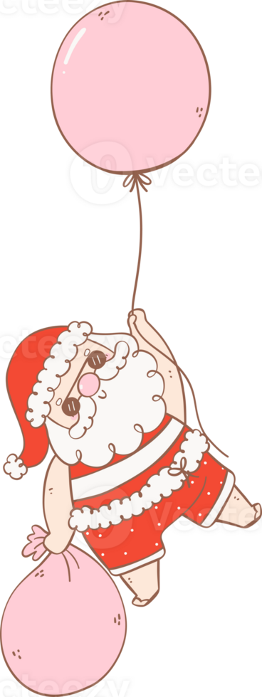 Cute Summer Santa Claus with balloon and sack, kawaii Christmas cartoon doodle hand drawing outline png