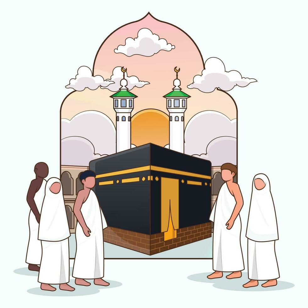 Cartoon Islamic Pilgrimage in Mecca for Praying Activity vector