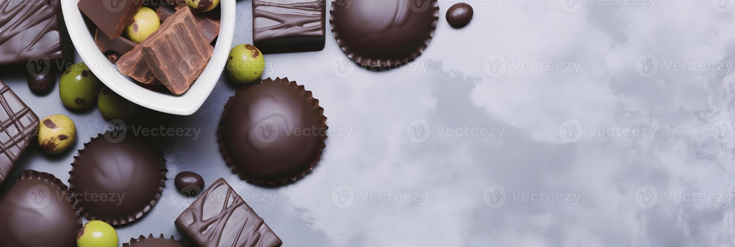 Various chocolates food. Background with copy space. photo