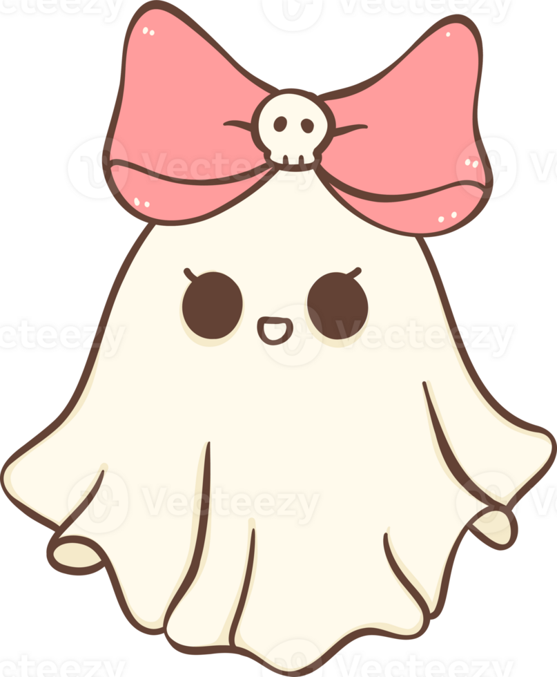 Cute Pink Halloween ghost girl with bow cartoon doodle png