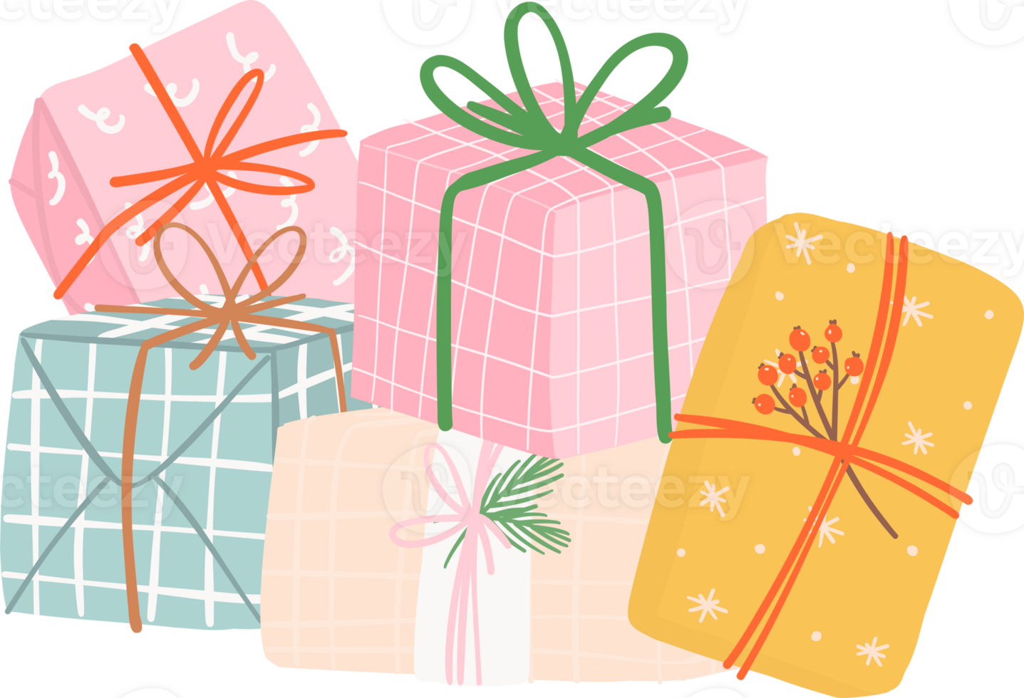 Cute Christmas gift boxes, stack of festive and playful present boxes png