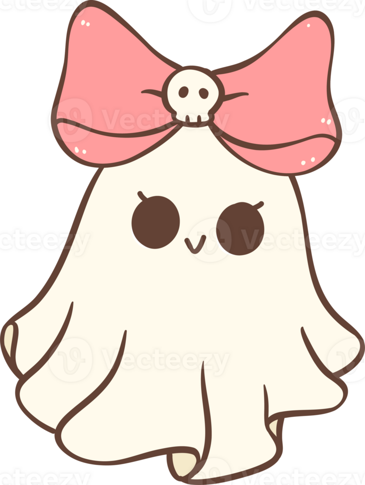 Cute Pink Halloween ghost girl with bow cartoon doodle png
