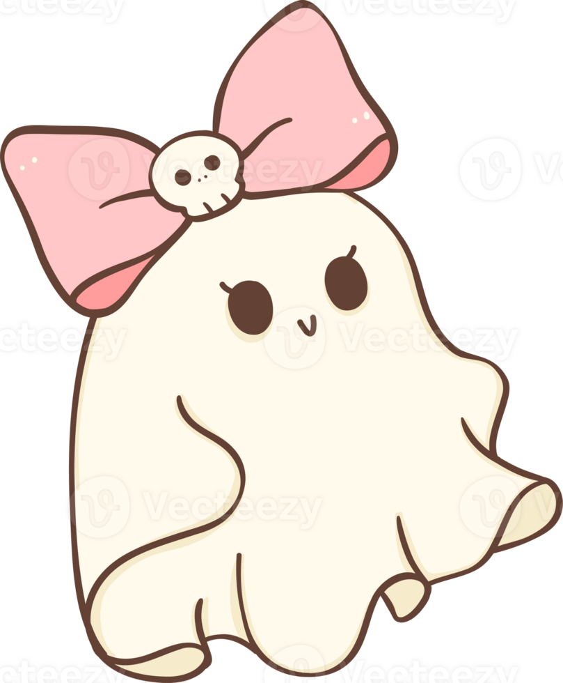 Cute Pink Halloween ghost girl with bow cartoon doodle png