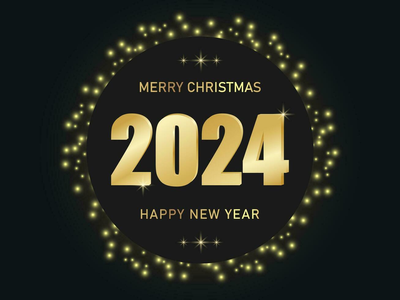 Greeting card Happy New Year 2024. Beautiful holiday web banner or billboard with golden text 2024. Background with glitter, shimmer. Vector