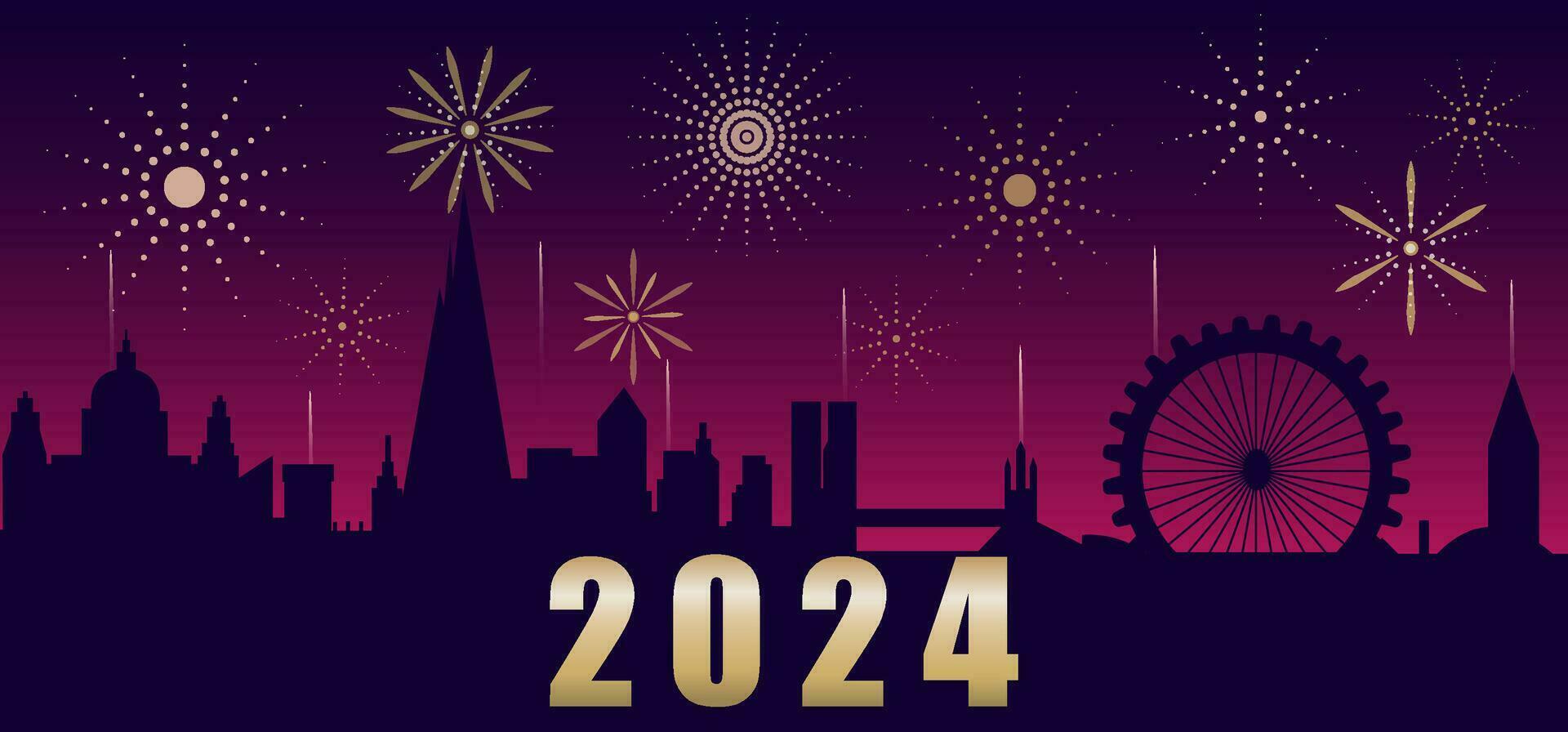 Greeting card Happy New Year 2024. Beautiful holiday web banner or billboard with golden text 2024. Background with fireworks over the city. Vector