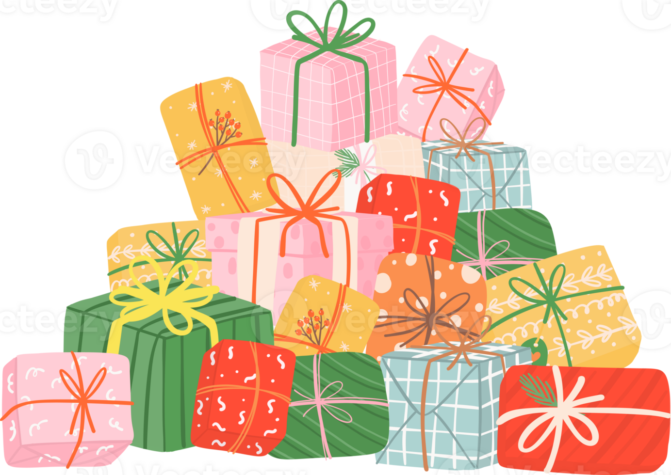 Cute Christmas gift boxes, stack of festive and playful present boxes png