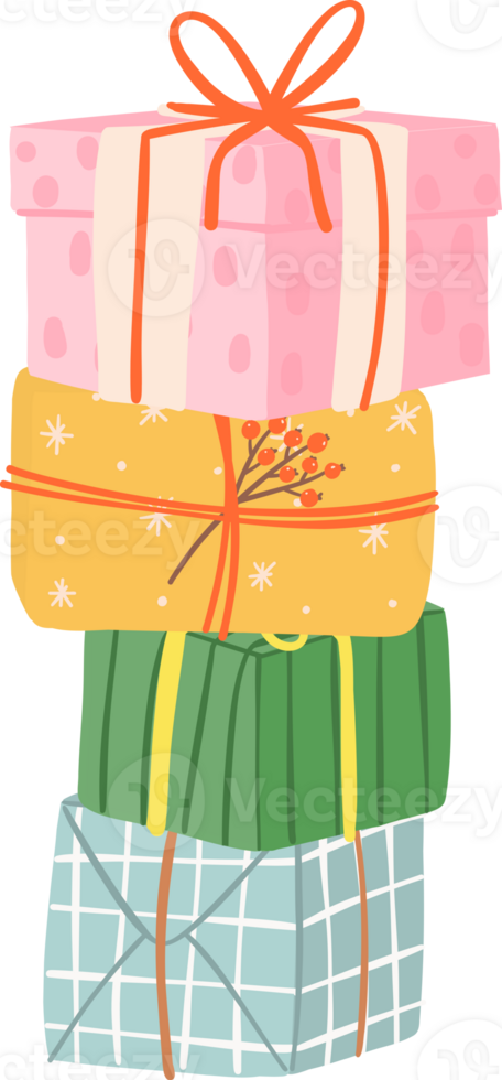 Cute Christmas gift boxes, stack of festive and playful present boxes png