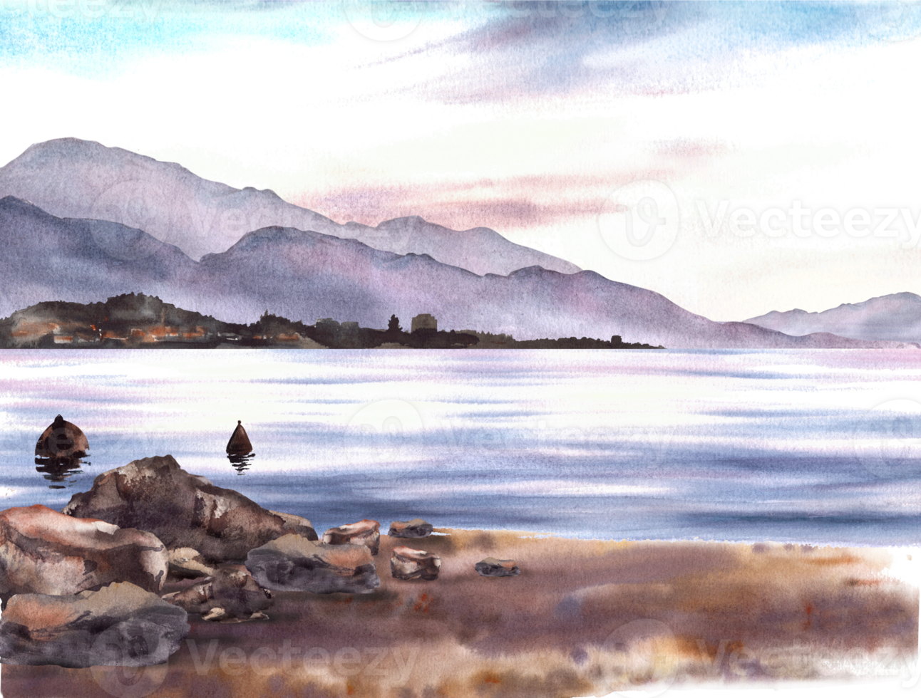 Nautical watercolor landscape Adriatic view seascape with sunset mountain silhouettes, far old town, sea buoy, coastal sandy beach, stones Hand drawn travel illustration png