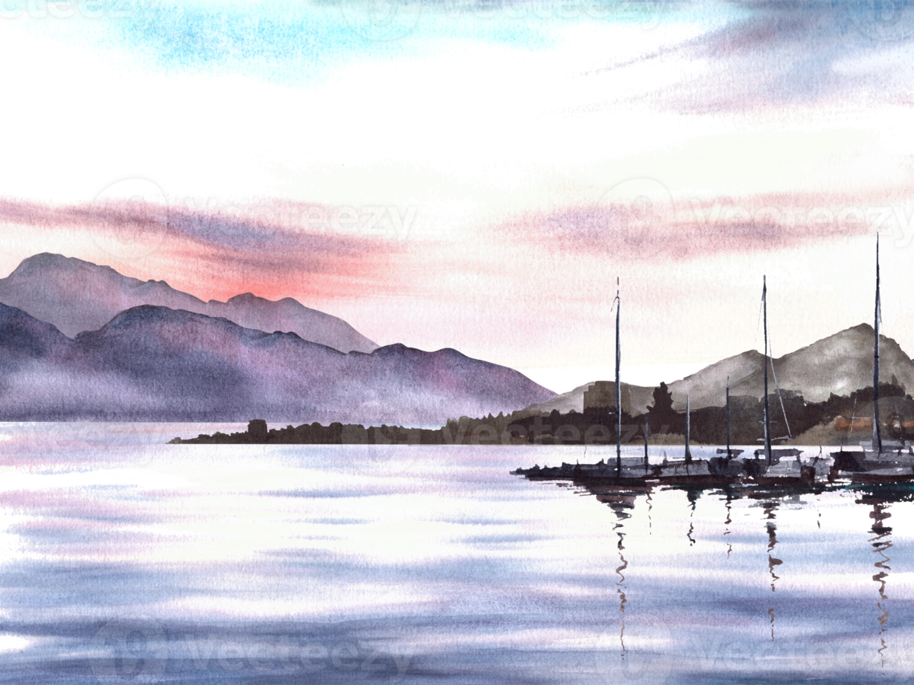 Adriatic sea sunset. Watercolor landscape with silhouette of mountains, port, yachts, fishing boats with reflection. Illustration hand drawn. Seascape for your banner, flyer, brochure postcard png