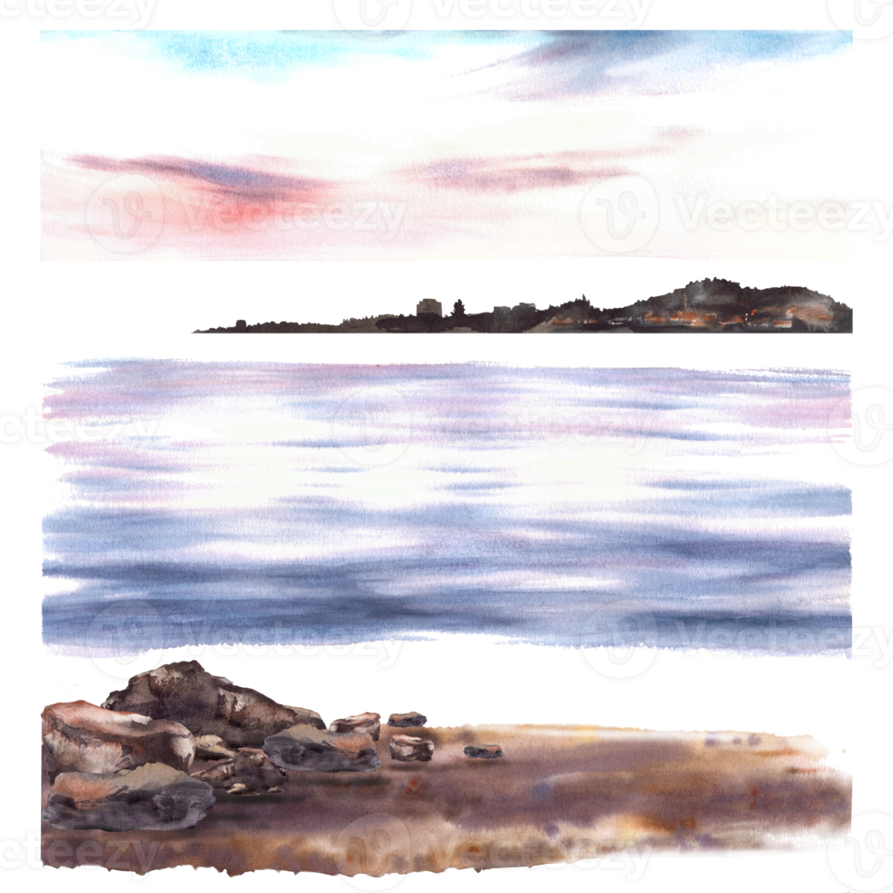 Watercolor seascape constructor assemble yourself.Details of the sea, sky, silhouettes of old town, shore with sand, stones. Hand painted illustration. parts of landscape for cards, posters. png