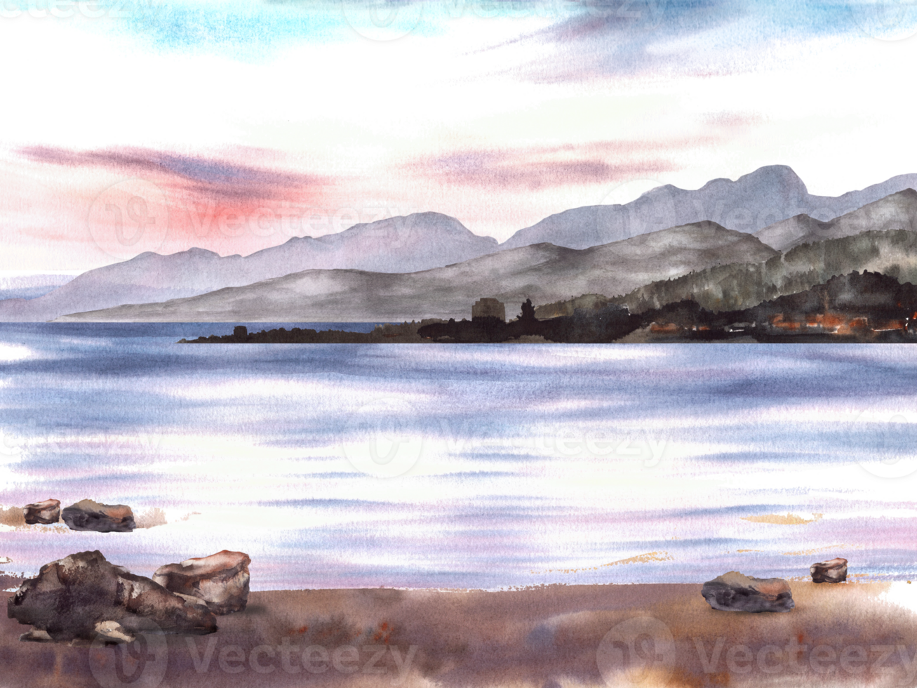 Nautical watercolor landscape. Adriatic seascape with sunset, mountain silhouettes, coastal sandy beach, stones. Hand drawn illustration for your postcards, printing, poster, wallpaper design png