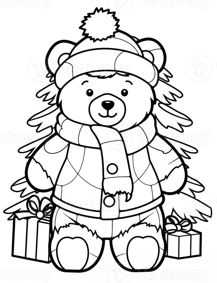 Educational printable coloring worksheet. Teddy bear with Santa Claus clothes. Winter Christmas theme coloring book page activity for kids and adults. photo