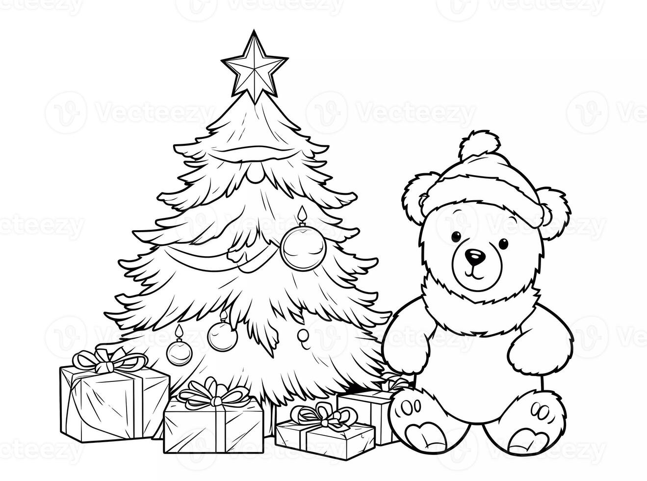 Educational printable coloring worksheet. Teddy bear with Santa Claus clothes. Winter Christmas theme coloring book page activity for kids and adults. photo