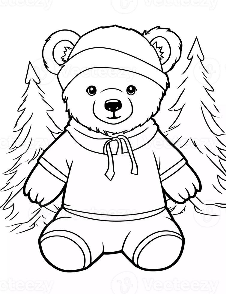 Educational printable coloring worksheet. Teddy bear with Santa Claus clothes. Winter Christmas theme coloring book page activity for kids and adults. photo