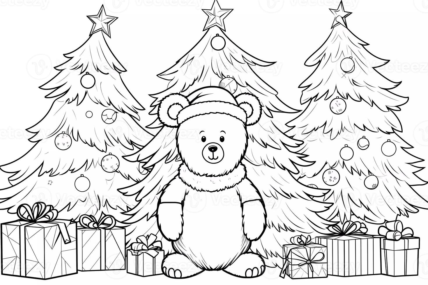 Educational printable coloring worksheet. Teddy bear with Santa Claus clothes. Winter Christmas theme coloring book page activity for kids and adults. photo